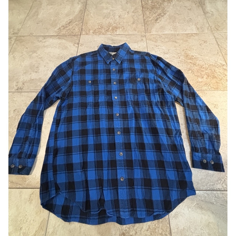 Duluth Trading Co Flannel Shirt Mens XL Tall Blue Black Plaid 100% Cotton